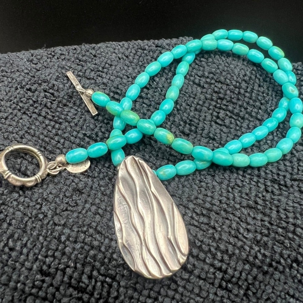 999 Fine Silver Blue Beaded Necklace Textured Wavy Pendant Wire Strung 16" 17.4g